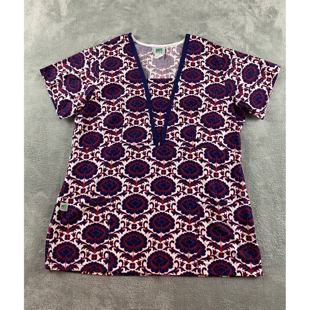 WS Gear Womens Large Scrub Top Navy Blue Red Damask Floral V-Neck Short Sleeve